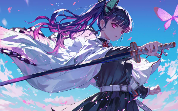 HD desktop wallpaper featuring Kanao Tsuyuri from Demon Slayer: Kimetsu no Yaiba in an action pose, set against a vivid sky with pink petals and butterflies.