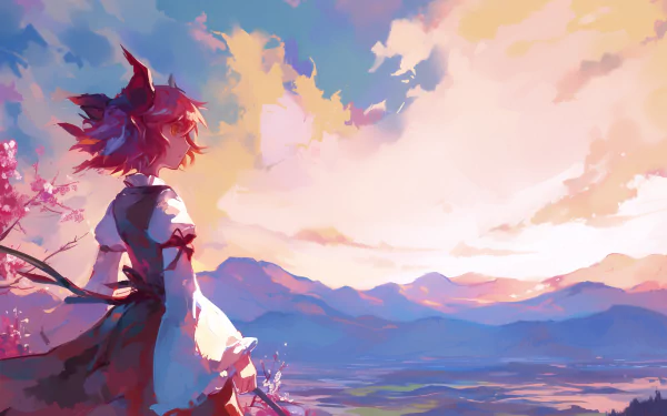 HD desktop wallpaper featuring Anime character Satori Komeiji from Touhou, standing against a vivid, colorful landscape with mountains, trees, and a stunning sky during sunrise or sunset.