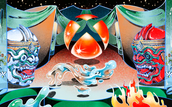 HD desktop wallpaper featuring a vibrant and artistic design with two colorful masks and an Xbox logo at the center, surrounded by dynamic water and fire elements.