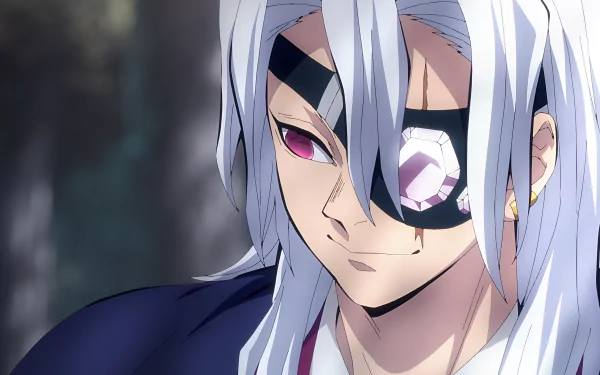 Close-up 4K Ultra HD anime wallpaper of Tengen Uzui from Demon Slayer: Kimetsu no Yaiba, featuring his distinctive white hair and eye patch.