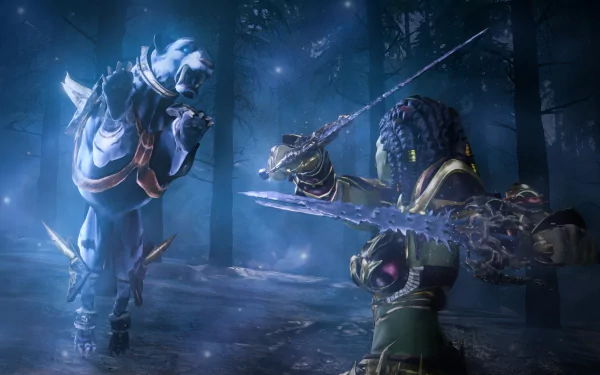 HD desktop wallpaper featuring a dynamic scene from the video game Rise Online, showcasing a fantasy battle between two characters in a mystical forest.