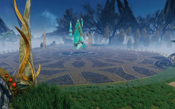 HD desktop wallpaper and background from the video game Rise Online, featuring a mysterious circular platform in a misty, fantastical landscape with glowing elements and distant mountains.