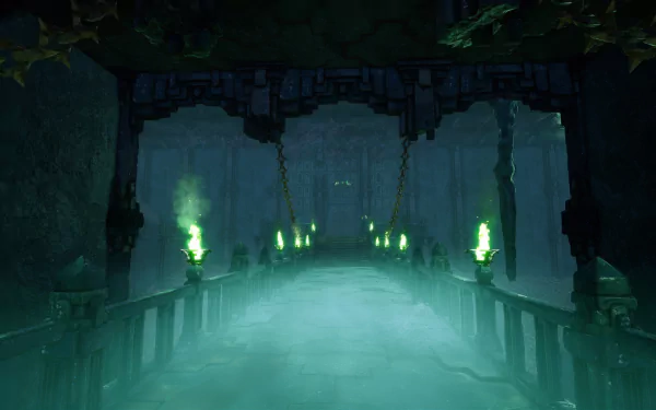 HD desktop wallpaper of the video game Rise Online, showcasing a mystical corridor with glowing green flames and an eerie, misty atmosphere.