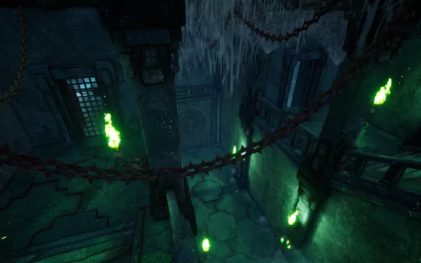HD desktop wallpaper featuring a scene from the video game Rise Online. The image depicts a dimly lit, eerie dungeon with chains, stone walls, and green glowing lights.