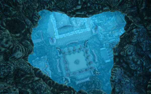 A stunning HD desktop wallpaper featuring an underwater view of a mystical structure from the video game Rise Online, surrounded by intricate, aquatic details.