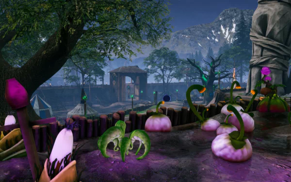 HD desktop wallpaper and background of the video game Rise Online, featuring a vibrant fantasy landscape with colorful plants, trees, and mountains in the backdrop.