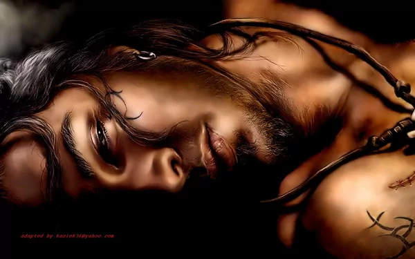 A mesmerizing HD fantasy wallpaper featuring a man with long hair and a contemplative expression, set against a dark backdrop, capturing a blend of mystery and allure.