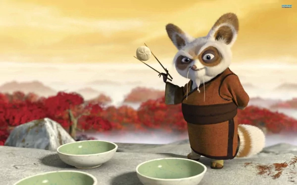Shifu from Kung Fu Panda stands confidently with chopsticks over empty bowls, set against a serene sunset background, showcasing a moment from the beloved animated movie.