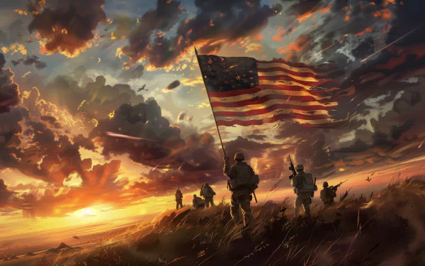 HD desktop wallpaper featuring soldiers carrying an American flag at sunset, tagged with holiday and Memorial Day, with dramatic clouds and golden light in the background.