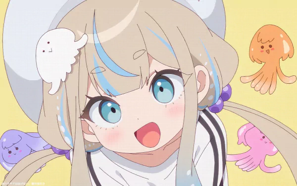 An HD desktop wallpaper featuring an anime character from Jellyfish Can’t Swim in the Night, showcasing a cheerful girl surrounded by colorful jellyfish against a yellow background.