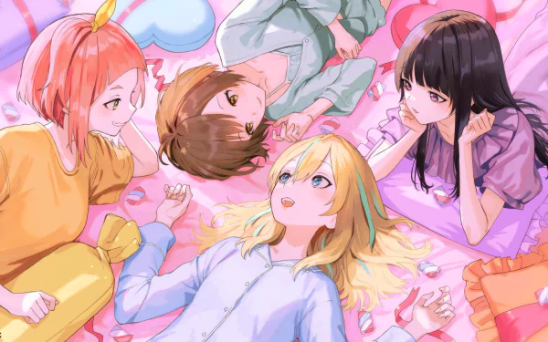 HD desktop wallpaper featuring characters from the anime Jellyfish Can’t Swim in the Night, all lying on a colorful background, looking at each other.
