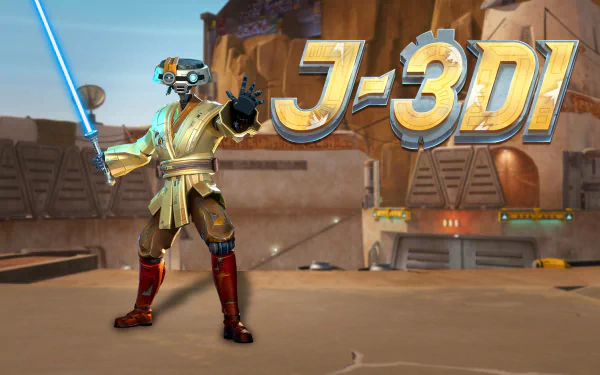 HD desktop wallpaper and background featuring a character from the video game Star Wars: Hunters holding a blue lightsaber, with the text J-3DI prominently displayed in the background.