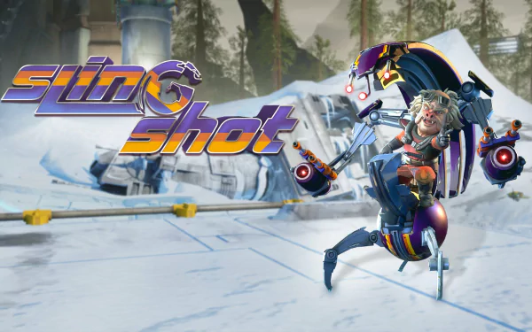 HD desktop wallpaper for the video game Star Wars: Hunters, featuring the character Slingshot in an action pose against a snowy backdrop with a futuristic crash site, and the title/logo prominently displayed.