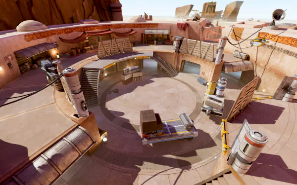 HD desktop wallpaper and background image from the video game Star Wars: Hunters, depicting a detailed, circular arena set in a desert environment with various sci-fi structures and equipment.