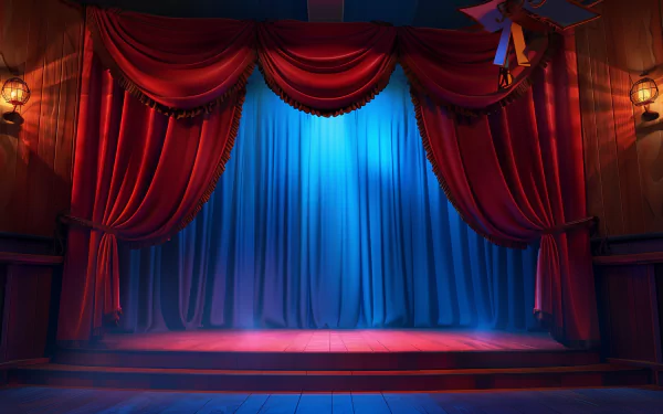 A well-lit theater stage with luxurious red curtains framing a blue backdrop. The stage is ready for a performance, creating an elegant and dramatic atmosphere. HD desktop wallpaper.