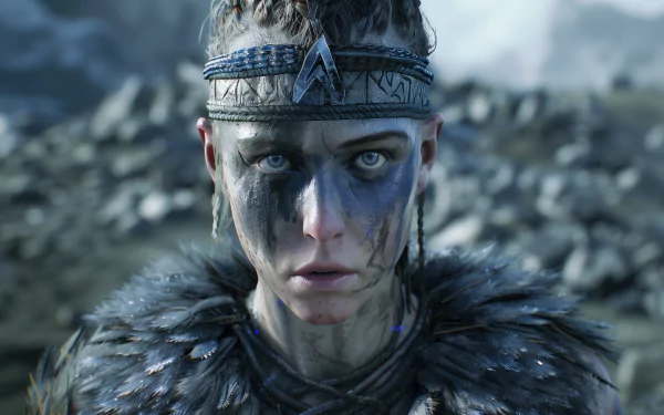 HD desktop wallpaper featuring Senua from Senua's Saga: Hellblade II, displaying her intense and determined expression amidst a rocky landscape.