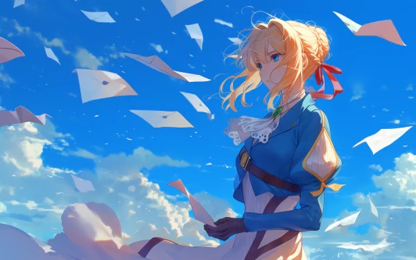 A stunning HD desktop wallpaper featuring Violet Evergarden, an anime character, depicted in a serene sky with floating letters.