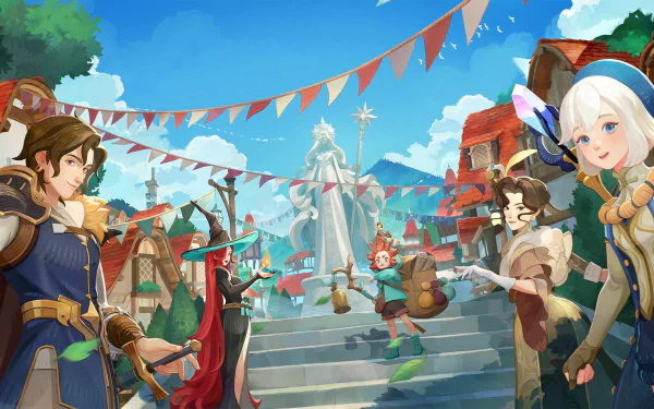 HD desktop wallpaper and background for the video game AFK Journey. It features colorful characters and a lively village scene with festive decorations.