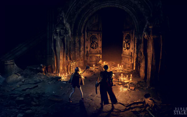 HD desktop wallpaper of Dungeon Stalkers video game featuring two characters standing in a dimly lit, ancient, and atmospheric temple lined with candles, facing a large, intricate doorway.