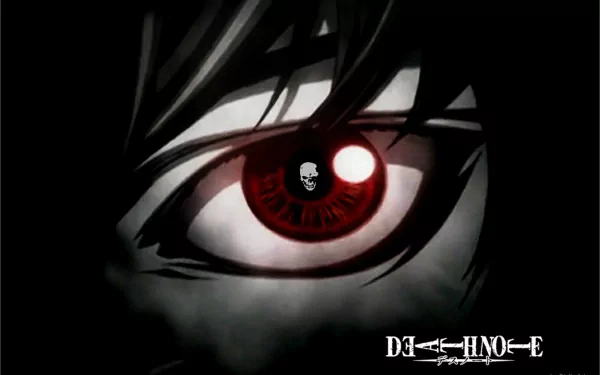 HD desktop wallpaper and background featuring an intense close-up of an eye from the anime Death Note, with the show's title logo. The eye is predominantly red with a skull image in the pupil.