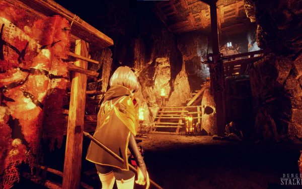 An engaging HD desktop wallpaper from the video game Dungeon Stalkers, featuring a character exploring a dimly-lit, intricate cave system with wooden scaffolding and glowing firelight.