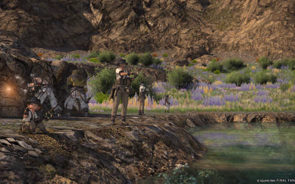 A HD desktop wallpaper for Final Fantasy XIV: Dawntrail, depicting characters exploring a scenic, rocky landscape with lush vegetation and a tranquil pond.
