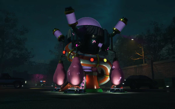 HD desktop wallpaper of Killer Klowns from Outer Space: The Game featuring a whimsical, futuristic structure lit by vibrant purple lights against a dark, night-time backdrop.