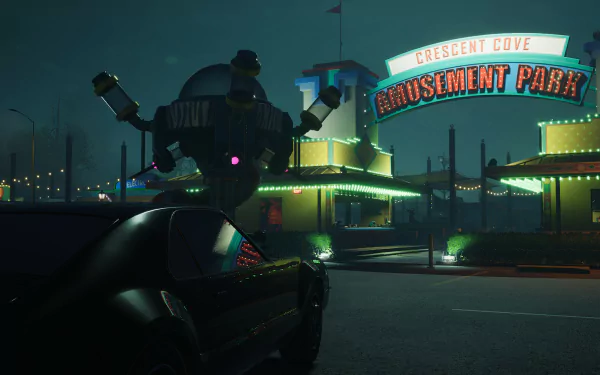 HD desktop wallpaper from Killer Klowns from Outer Space: The Game depicting a dark amusement park with neon lights and a big clown statue in Crescent Cove, with a car in the foreground.