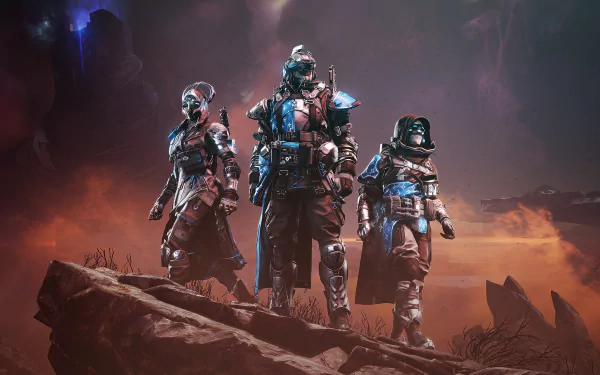 HD wallpaper featuring characters from Destiny 2: The Final Shape. Three armored figures stand on rugged terrain with a dramatic, otherworldly landscape in the background.