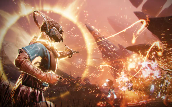HD desktop wallpaper featuring a dynamic scene from the video game Destiny 2: The Final Shape. A character is surrounded by glowing energy in a fiery, battle-intense setting.