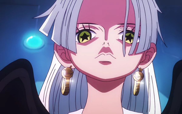 Anime-style 4K Ultra HD wallpaper featuring S-Snake from One Piece with striking yellow starry eyes and white hair against a dark, mysterious background.