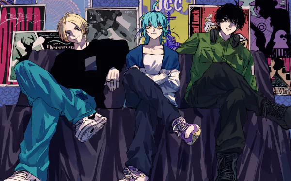 HD PC desktop wallpaper featuring characters from the anime and manga Sakamoto Days by Shin Asakura, showcasing three stylish figures seated against a backdrop of posters.