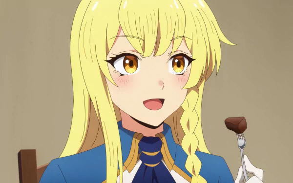 An HD wallpaper featuring an anime character from Chillin' in Another World with Level 2 Super Cheat Powers with long blonde hair and a braid, holding a fork with food, and smiling.
