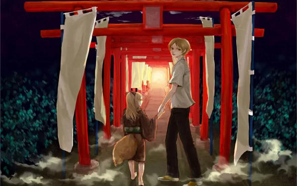 HD anime wallpaper featuring Takashi Natsume and Kogitsune from Natsume Yuujinchou (Natsume's Book of Friends) walking through red torii gates at night.
