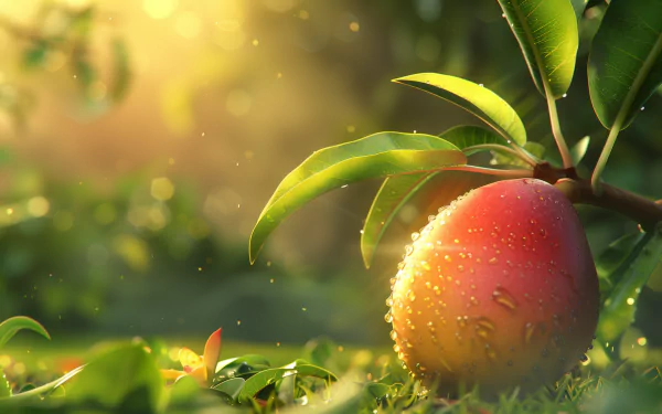 HD desktop wallpaper featuring a vibrant mango hanging from a branch surrounded by lush green leaves, set against a beautifully blurred background.