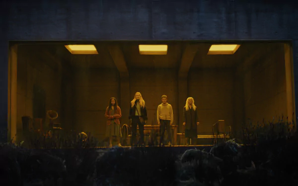 HD desktop wallpaper and background featuring a still from the movie The Watchers (2024) with four people standing in a dimly lit room viewed through a wide window.