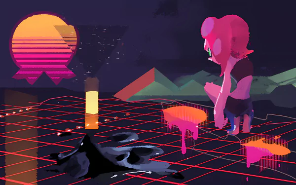 4K Ultra HD Splatoon 2: Octo Expansion wallpaper featuring a stylized character and neon grid landscape with a retro sun in the background on a PC desktop background.