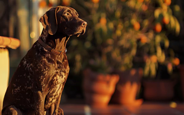 HD desktop wallpaper of a German Shorthaired Pointer dog sitting outdoors, with a sunlit garden and potted plants in the background.