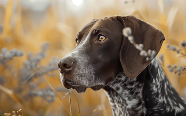 HD desktop wallpaper featuring a close-up of a German Shorthaired Pointer, with a field of golden vegetation in the background. The dog gazes attentively to the side, showcasing its sleek and alert demeanor.