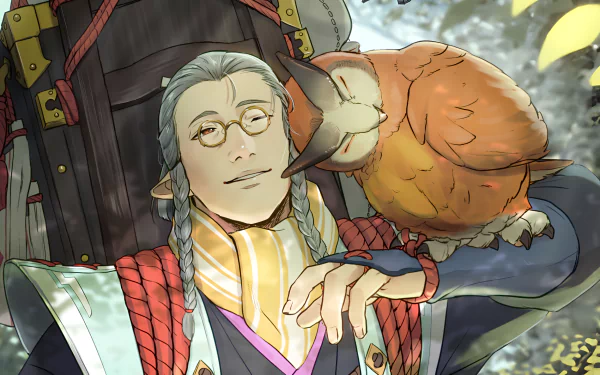 HD desktop wallpaper of a character from Monster Hunter Stories, featuring an elderly person wearing glasses with braided hair and a bird perched on their arm.