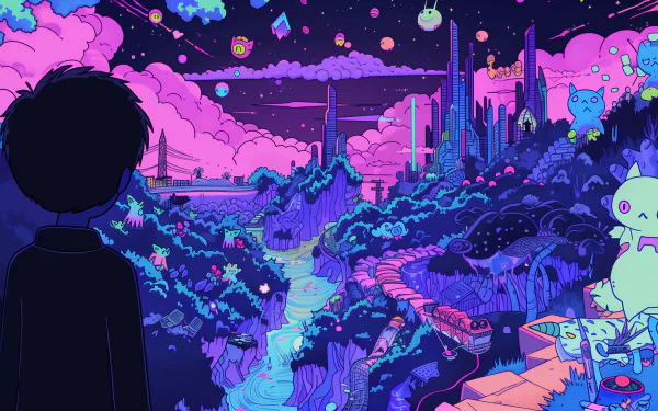 HD desktop wallpaper featuring Hero from the video game OMORI, observing a vibrant, surreal landscape with colorful hills, creatures, and a winding river against a starry sky.