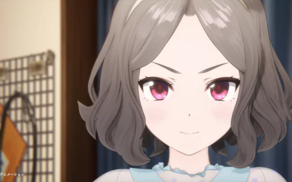 HD desktop wallpaper featuring an anime girl from Band Cry, with short gray hair and striking pink eyes, against a simple background.