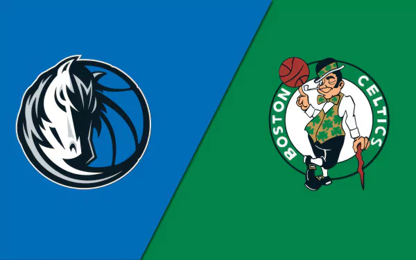 HD desktop wallpaper featuring the logos of NBA teams: Dallas Mavericks on a blue background and Boston Celtics on a green background.