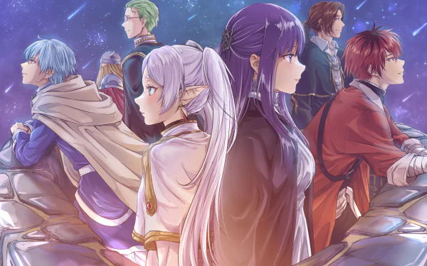 Anime-style 4K Ultra HD desktop wallpaper featuring characters from Frieren: Beyond Journey’s End with a mystical, starry background.
