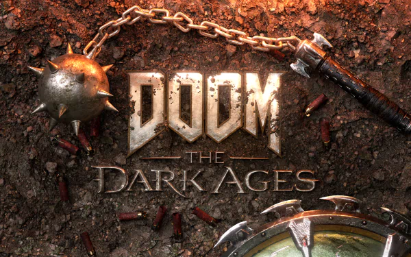 HD desktop wallpaper and background featuring DOOM: The Dark Ages video game, depicting medieval weapons and a rugged, dark setting.