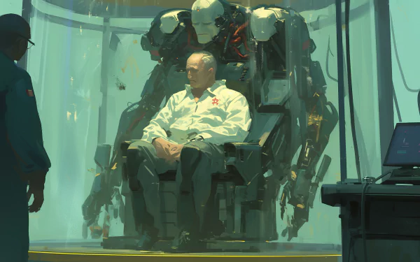 A man sits on a futuristic throne in a sci-fi setting, surrounded by advanced machinery, portrayed in a high-definition desktop wallpaper background.