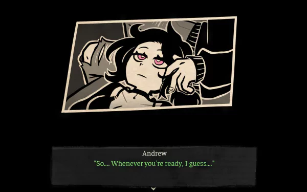 HD desktop wallpaper of the video game The Coffin of Andy and Leyley, featuring a somber illustration of a character with text dialogue from Andrew: So... Whenever you're ready, I guess...