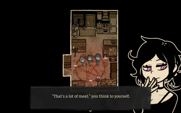 HD desktop wallpaper and background from the video game The Coffin of Andy and Leyley, featuring three characters standing in a pentagram drawn on a rugged floor with the text That's a lot of meat at the bottom.