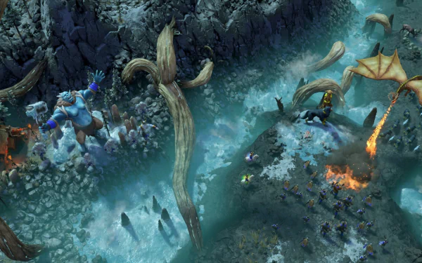 HD desktop wallpaper of Age of Mythology: Retold video game, featuring a detailed scene with mythical creatures, icy terrain, and battleground.