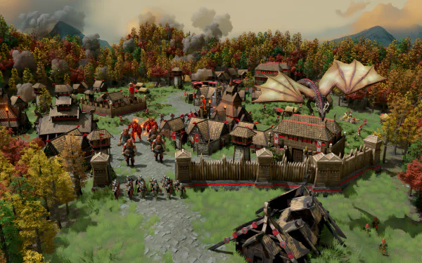 HD desktop wallpaper featuring a dynamic scene from the video game Age of Mythology: Retold, depicting a medieval village under attack with mythical creatures and warriors in a colorful, autumn landscape.